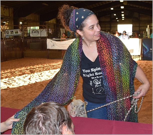 Weaver Nicole Blessing models Team Ewe�nique Spinners� shawl. Photo: Peggy Lundquist.